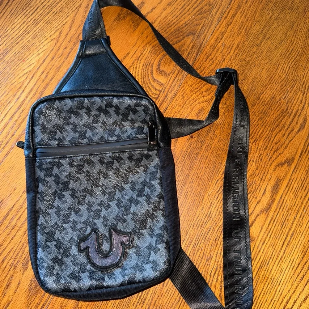 True Religion Black Patterned Sling Bag with Logo Patch